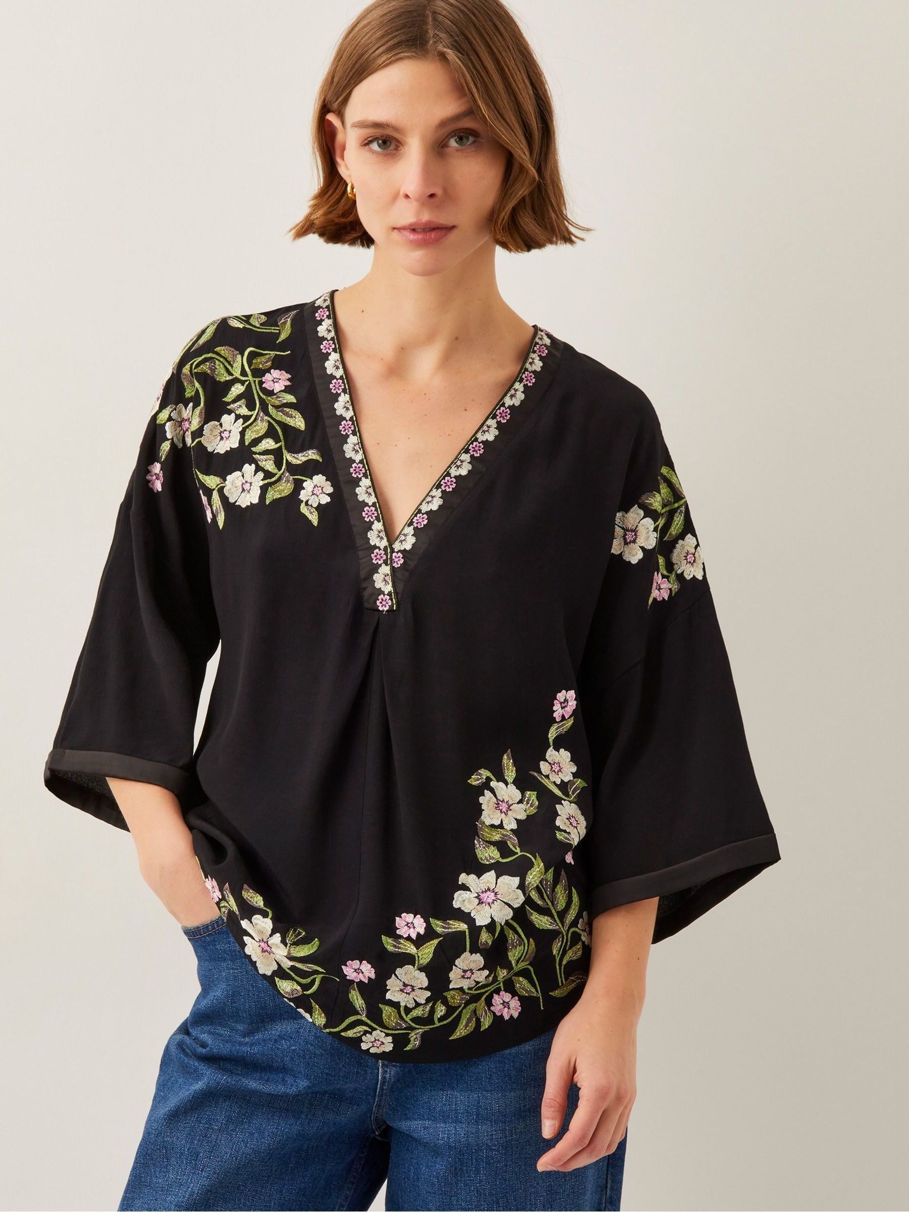 Buy Monsoon Black Alison V-Neck Floral Print Embroidered Top