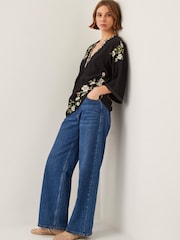 Monsoon Black Alison V-Neck Floral Print Embroidered Top - Image 2 of 5