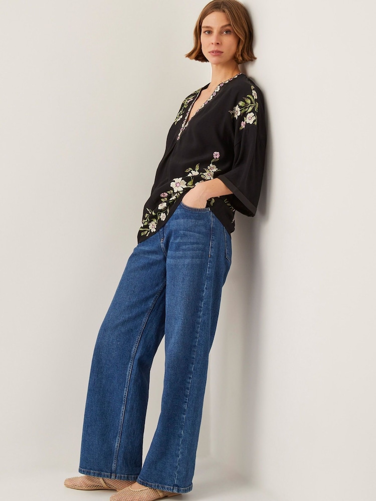 Monsoon Black Alison V-Neck Floral Print Embroidered Top - Image 2 of 5
