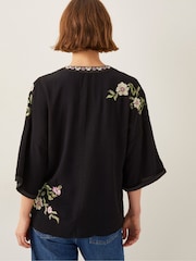 Monsoon Black Alison V-Neck Floral Print Embroidered Top - Image 3 of 5