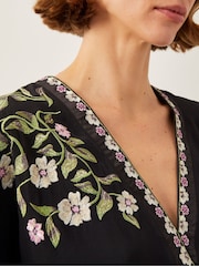 Monsoon Black Alison V-Neck Floral Print Embroidered Top - Image 4 of 5