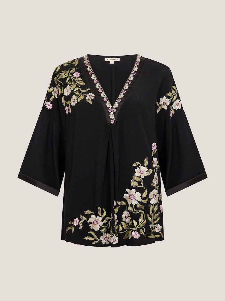 Monsoon Black Alison V-Neck Floral Print Embroidered Top - Image 5 of 5