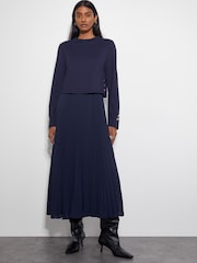 Monsoon Blue Penny Long Sleeve Pleated Midi Dress - Image 1 of 6
