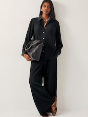 Monsoon Black Paula Plisse Wide Leg Trousers - Image 1 of 6