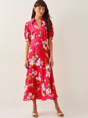Monsoon Red Meredith Floral Print Midi Shirt Dress - Image 1 of 4