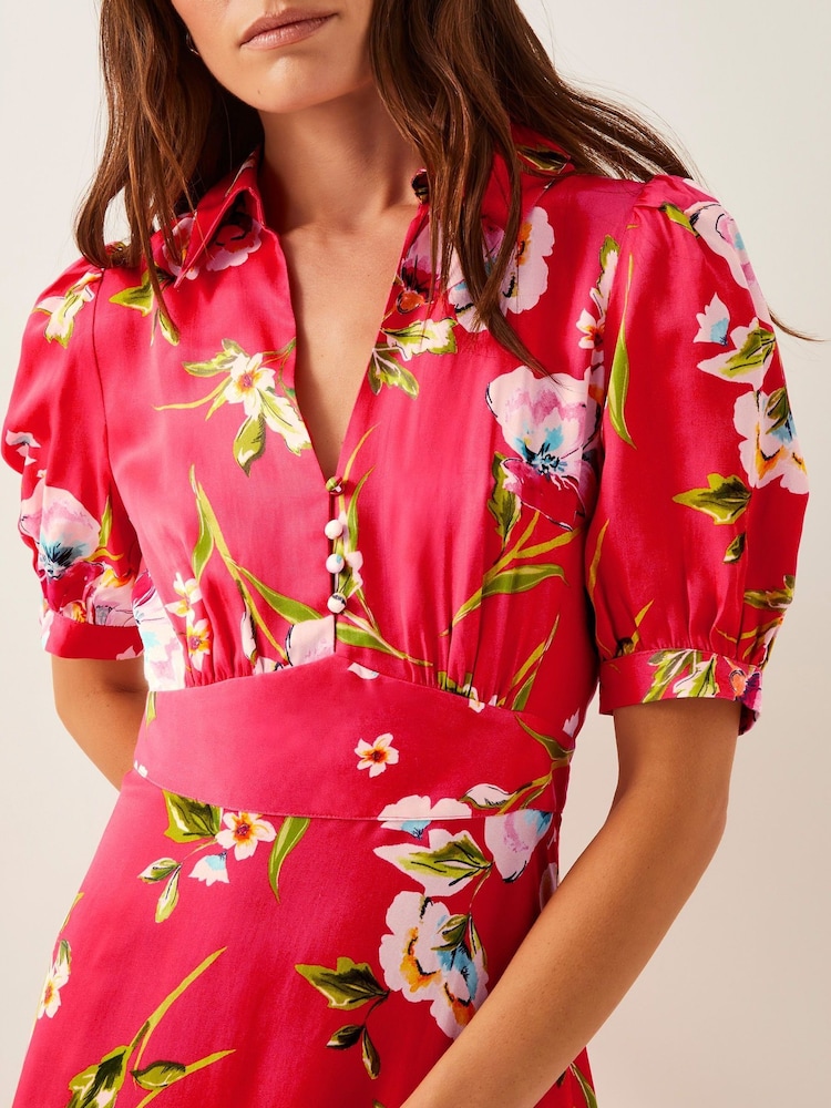 Monsoon Red Meredith Floral Print Midi Shirt Dress - Image 4 of 4