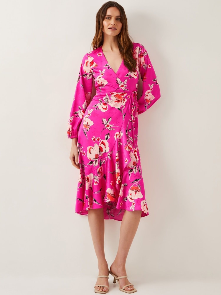 Monsoon Pink Meredith Floral Print Midi Wrap Dress - Image 1 of 4