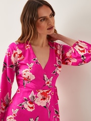 Monsoon Pink Meredith Floral Print Midi Wrap Dress - Image 3 of 4