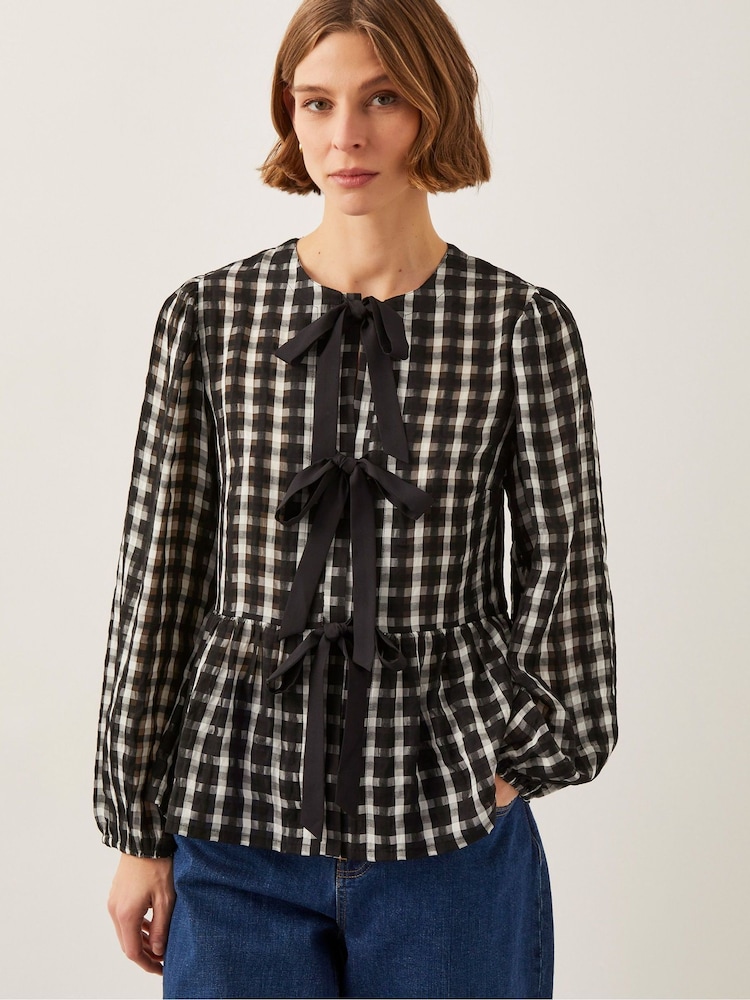 Monsoon Black Gingham Violet Bow Check Blouse - Image 1 of 5