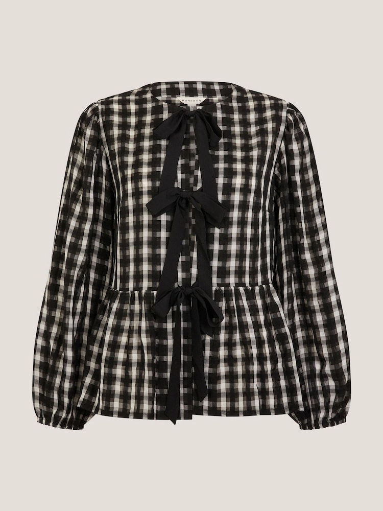 Monsoon Black Gingham Violet Bow Check Blouse - Image 5 of 5