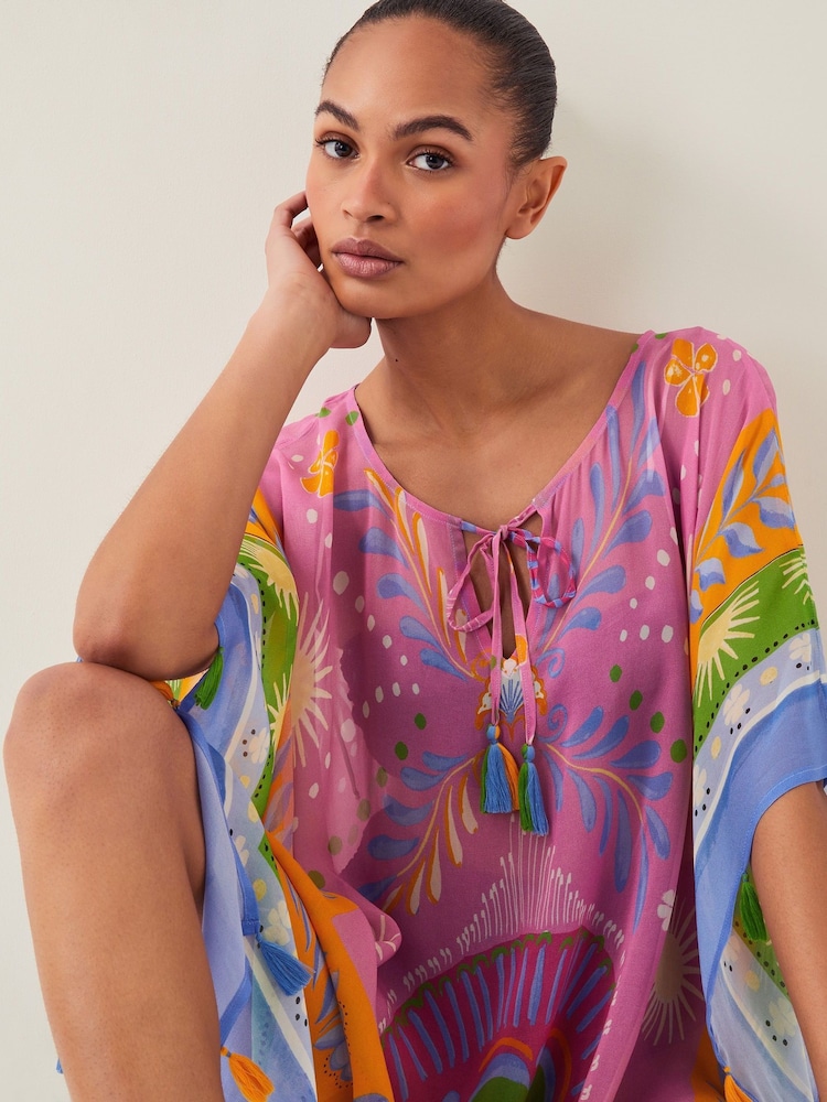Monsoon Pink Monika Floral Print Mini Kaftan - Image 4 of 6