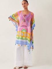 Monsoon Pink Monika Floral Print Mini Kaftan - Image 5 of 6