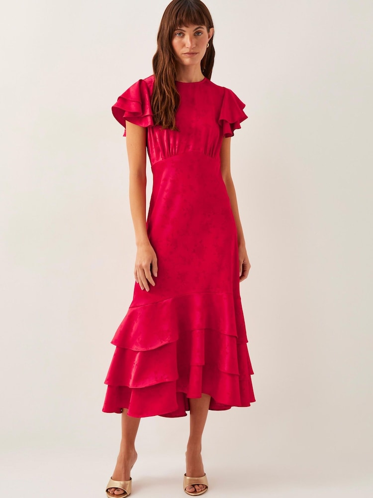 Monsoon Red Ester Satin Ruffle Midi Dress - Image 1 of 4