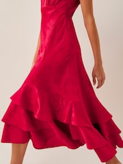 Monsoon Red Ester Satin Ruffle Midi Dress - Image 2 of 4