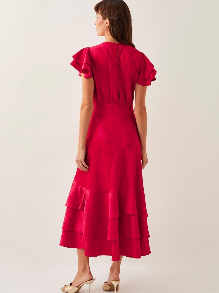 Monsoon Red Ester Satin Ruffle Midi Dress - Image 3 of 4