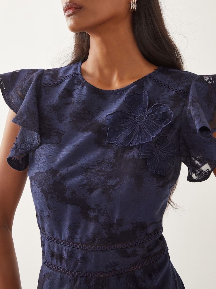 Monsoon Blue Josie Flutter Sleeve Floral Jacquard Midi Dress - Image 3 of 5