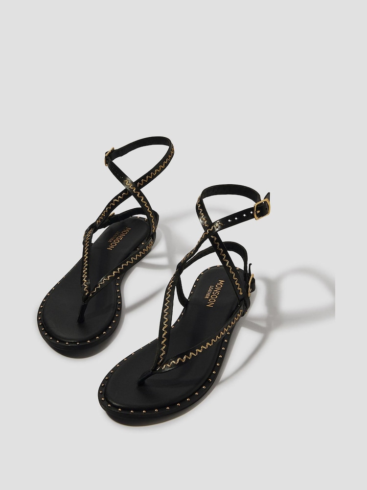 Monsoon Black Cleo Stud Leather Strappy Flip Flop Sandals - Image 1 of 3