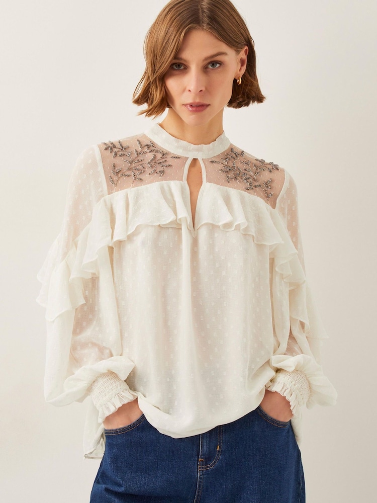 Monsoon Natural Debbie Embellished Polka Dot Ruffle Blouse - Image 1 of 5