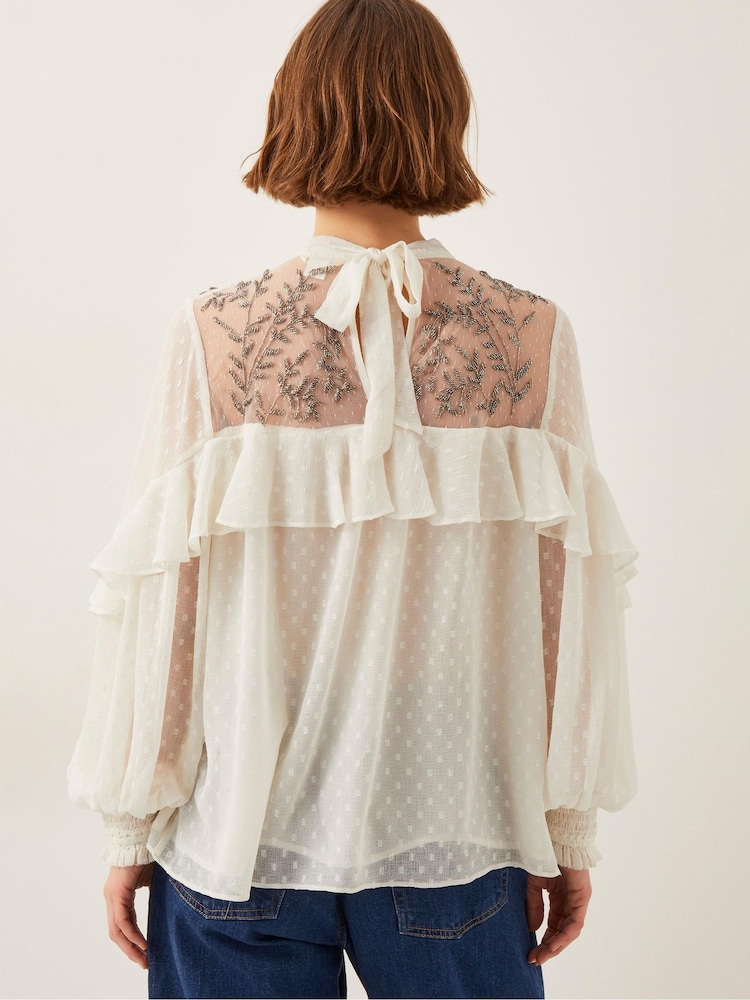 Monsoon Natural Debbie Embellished Polka Dot Ruffle Blouse - Image 2 of 5