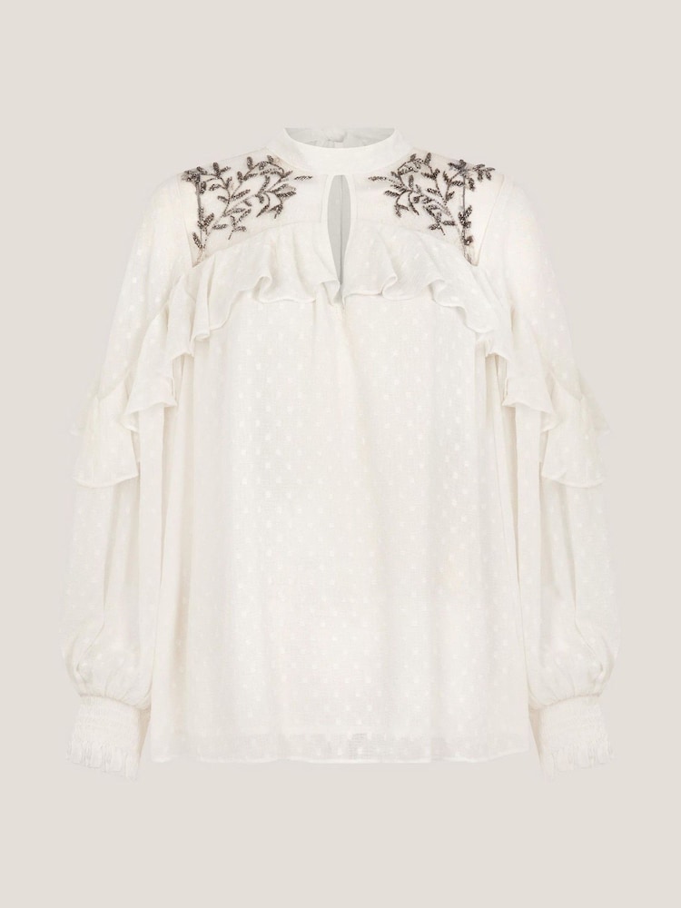 Monsoon Natural Debbie Embellished Polka Dot Ruffle Blouse - Image 5 of 5