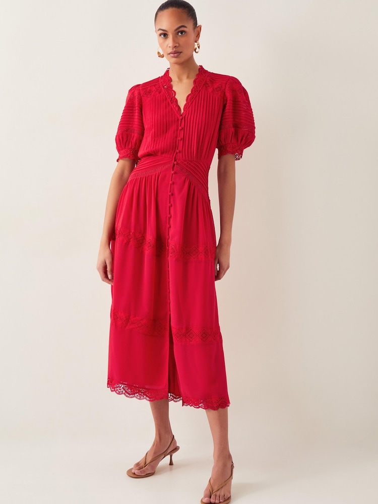 Monsoon Red Kiana Pintuck Puff-Sleeve Midi Dress - Image 1 of 5