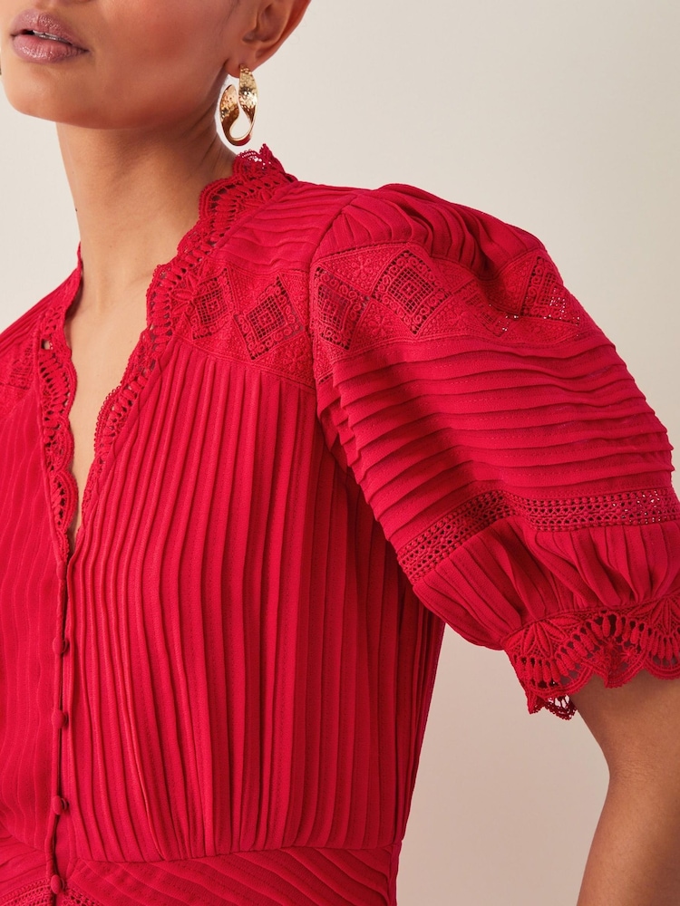Monsoon Red Kiana Pintuck Puff-Sleeve Midi Dress - Image 2 of 5