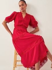 Monsoon Red Kiana Pintuck Puff-Sleeve Midi Dress - Image 4 of 5