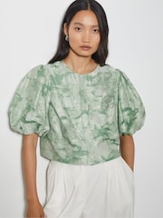 Monsoon Green Josie Puff Sleeve Floral Print Jacquard Top - Image 1 of 6