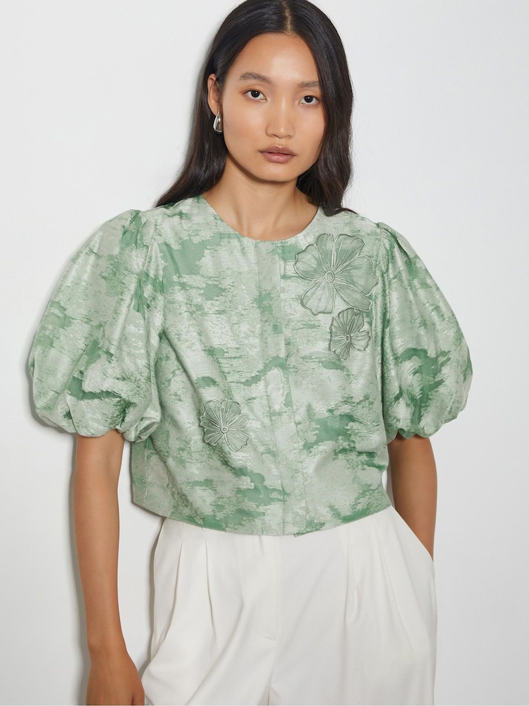 Monsoon Green Josie Puff Sleeve Floral Print Jacquard Top - Image 1 of 6