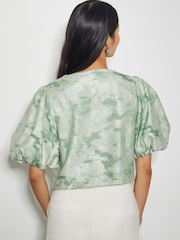 Monsoon Green Josie Puff Sleeve Floral Print Jacquard Top - Image 2 of 6