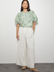 Monsoon Green Josie Puff Sleeve Floral Print Jacquard Top - Image 3 of 6