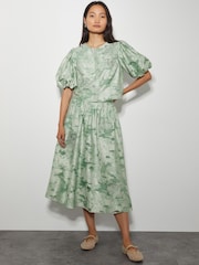 Monsoon Green Josie Puff Sleeve Floral Print Jacquard Top - Image 4 of 6
