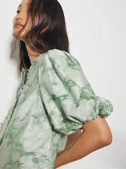 Monsoon Green Josie Puff Sleeve Floral Print Jacquard Top - Image 5 of 6