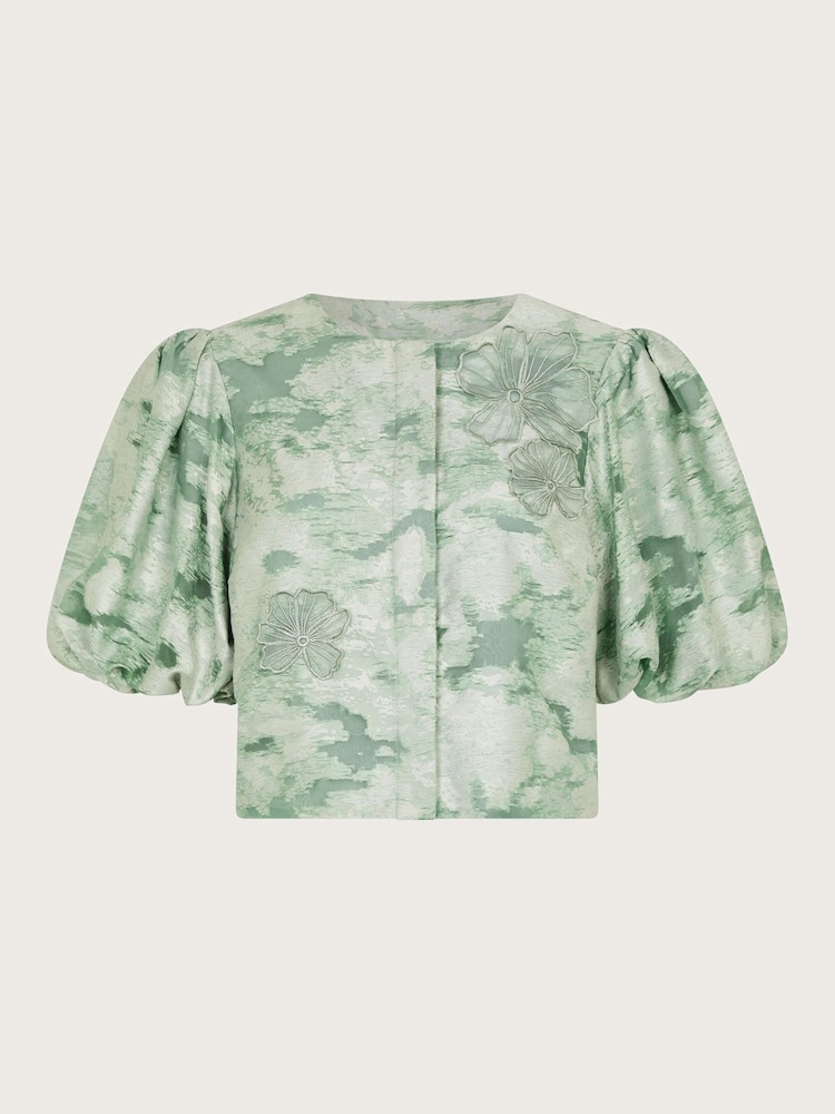 Monsoon Green Josie Puff Sleeve Floral Print Jacquard Top - Image 6 of 6