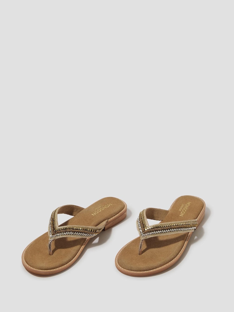 Monsoon Gold Sia Beaded Leather Flip Flops Sandals - Image 1 of 3
