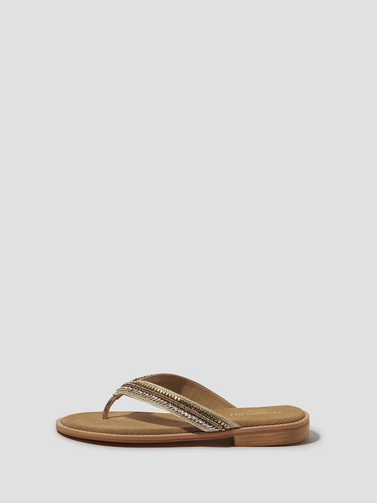 Monsoon Gold Sia Beaded Leather Flip Flops Sandals - Image 2 of 3 Monsoon Gold Sia Beaded Leather Flip Flops Sandals - Image 2 of 3