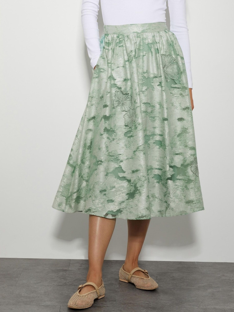 Monsoon Green Josie Floral Print Jacquard Midi Skirt - Image 2 of 6