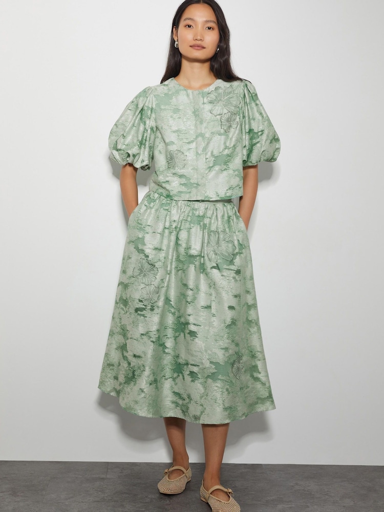 Monsoon Green Josie Floral Print Jacquard Midi Skirt - Image 4 of 6