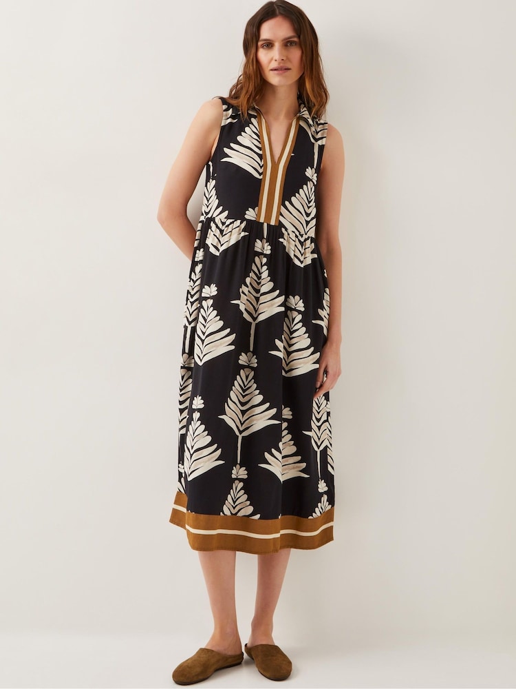 Monsoon Pamela Sleeveless Leaf Print Midi Dress - Image 5 of 6