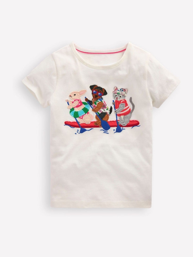 Boden Cream Short Sleeve 100% Cotton Applique T-Shirt - Image 1 of 3