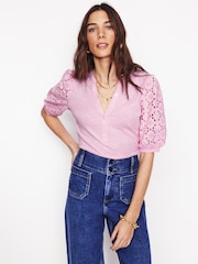 Boden Pink Eden Puff Sleeve Henley Top - Image 2 of 6