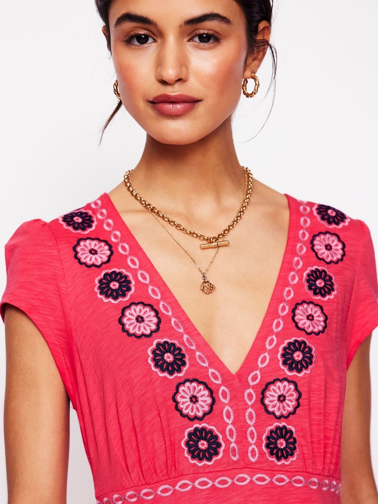 boden embroidered notch neck dress Boden Women's Notch Neck Jersey Maxi Dress in Red main image 1