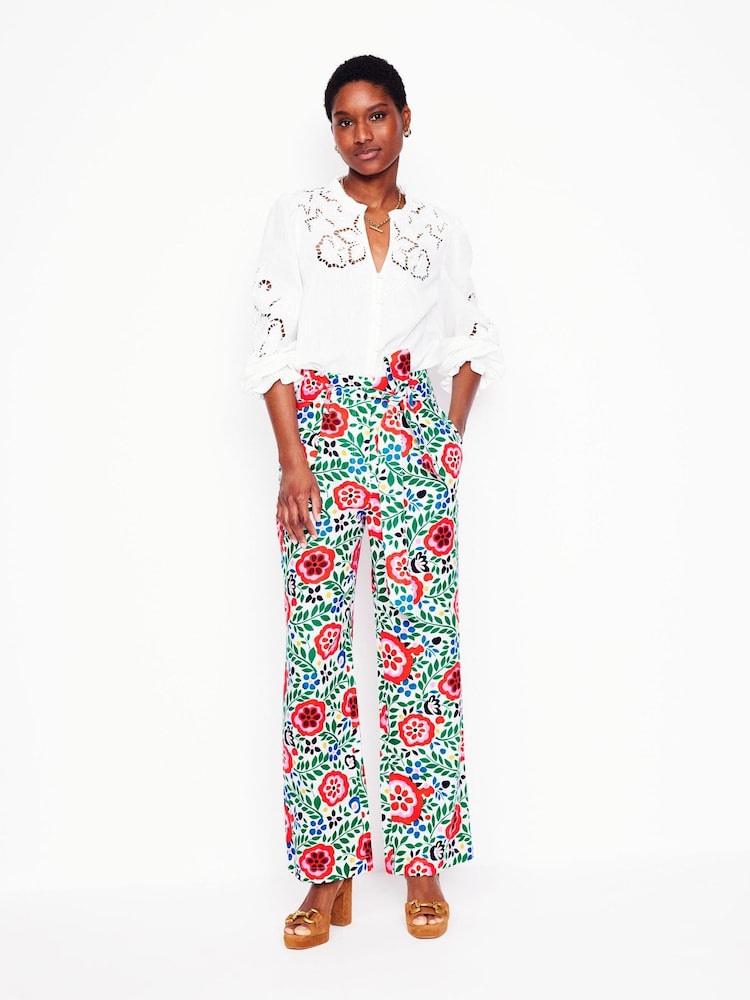 Boden Green Belted 100% Cotton Linen Trousers - Image 1 of 5