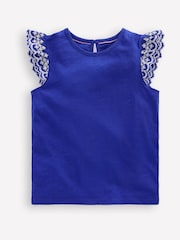 Boden Blue Margaret Broderie Frill 100% Cotton T-Shirt - Image 1 of 3