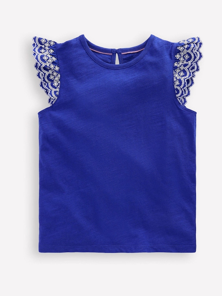 Boden Blue Margaret Broderie Frill 100% Cotton T-Shirt - Image 1 of 3