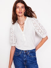 Boden White Eden Puff Sleeve Henley Top - Image 1 of 4