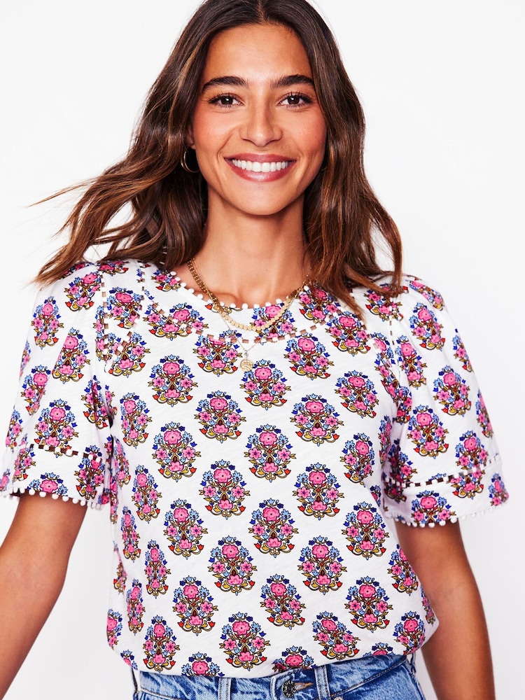 Boden Cream 100% Cotton Mila Trim Detail Top - Image 2 of 5 Boden Cream 100% Cotton Mila Trim Detail Top - Image 2 of 5