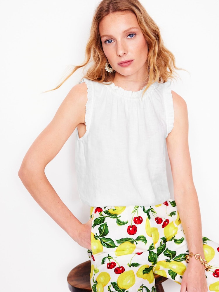 Boden White Sophie Ruffle 100% Linen Top - Image 1 of 4 Boden White Sophie Ruffle 100% Linen Top - Image 1 of 4