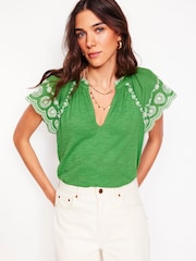 Boden Green Ila Broderie Sleeve Notch 100% Cotton Top - Image 1 of 5