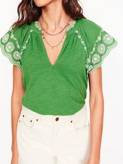 Boden Green Ila Broderie Sleeve Notch 100% Cotton Top - Image 2 of 5